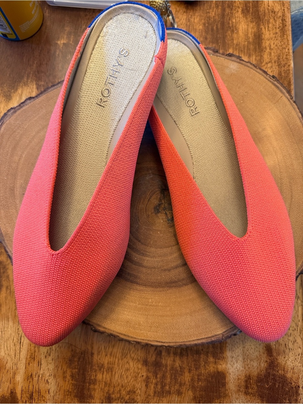 Rothy's Coral Pointed Toe Slip-Ons with Blue Heel Tab 9.5